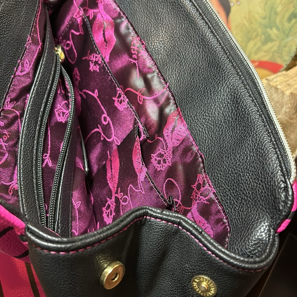 Betsey Johnson Studs and Flowers Black Hot Pink Striped Bag 11.5”Wx10”Hx5.75”D - Picture 12 of 17